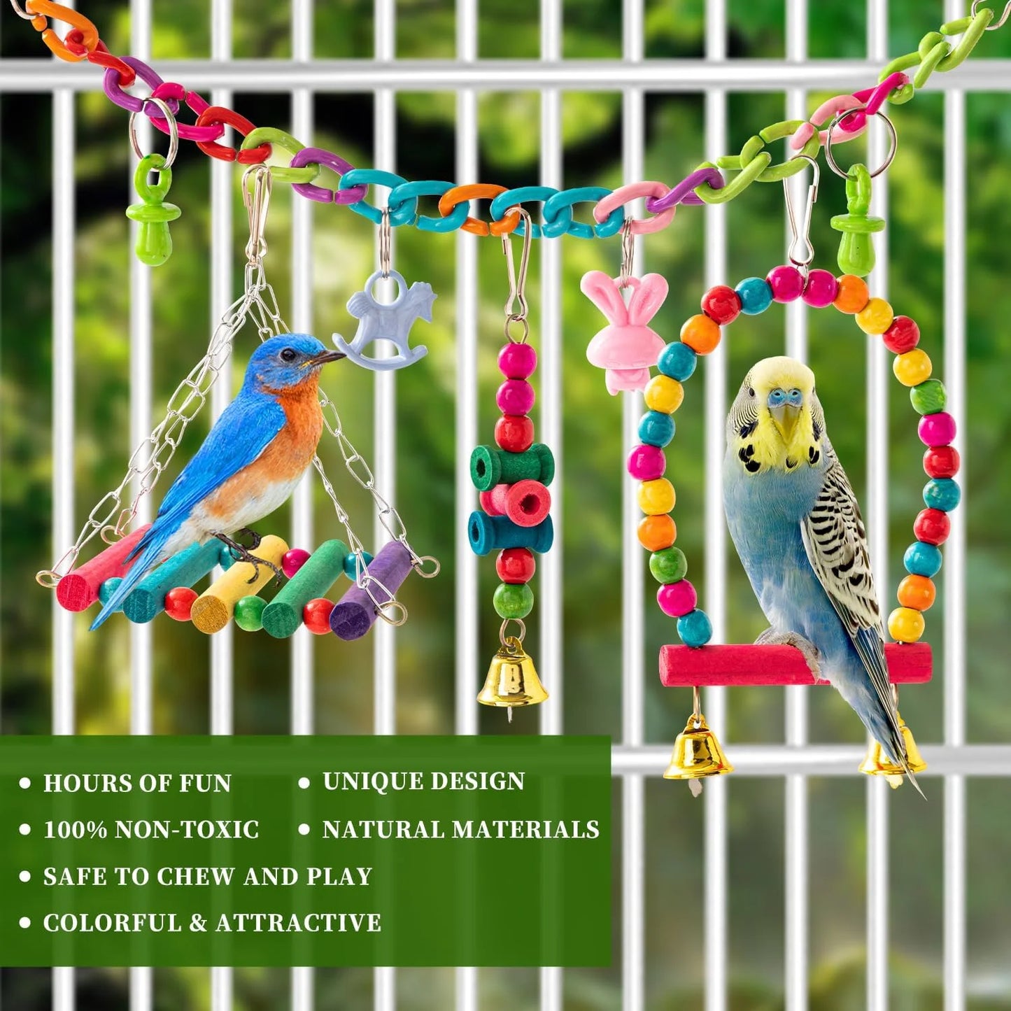 11PCS Bird Toys Parakeet Toys, Colorful Parrot Toy for Small Parakeets Cockatiels Conures Finches Swing Chewing Hanging Bell Cage Hammock Toy