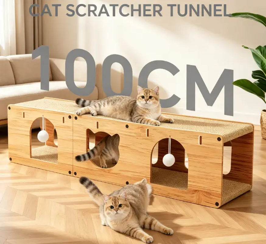 Multi-Level Cat Tunnel and Scratcher - Durable Cardboard Cat Cave with Hanging Ball Toy for Small and Medium Cats