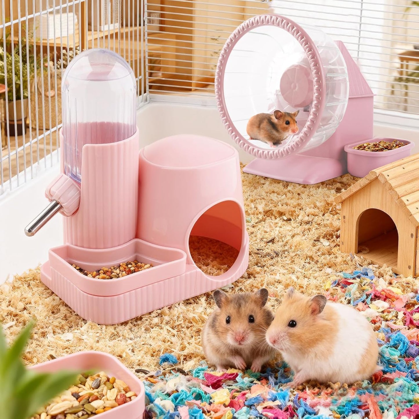 3 in 1 Multifunctional Hamster Water Bottle No Drip Gerbil 100ML Water Bottle Dispenser with Food Bowl Small Animal Auto Dispenser with Hideout Base Hamster Cage Accessories (Pink)