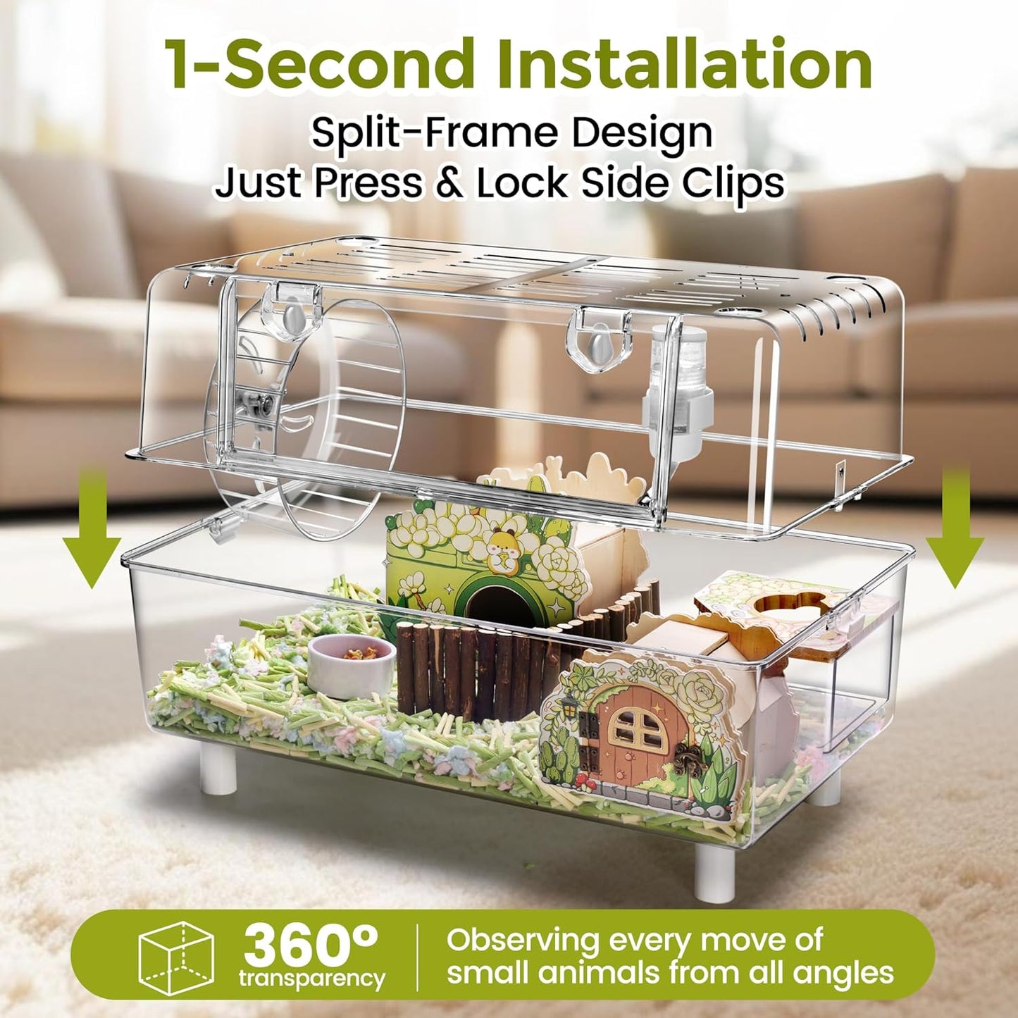 Acrylic Hamster Cage with All Accessories,Dwarf Hamster Cage with Stand,Syrian Mouse Cage for Pet Mice,Rat Cage for Hamster,Succulent Style Hamster House（20''L*11.5''W*10.5''H）