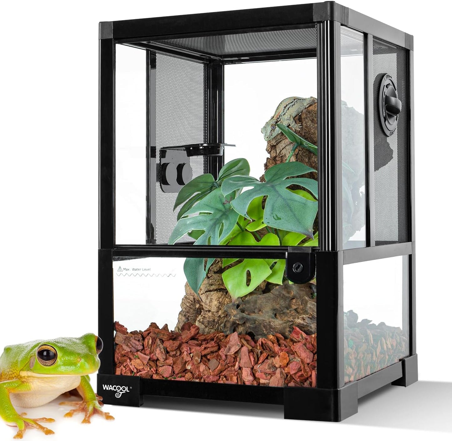 Vertical Habitat Tank 10 Gallon for Tree Dwelling Reptiles and Amphibians, 360°Full Vision Glass Reptile Terrarium 12" X 12" X 18" with Double Side Mesh Panels