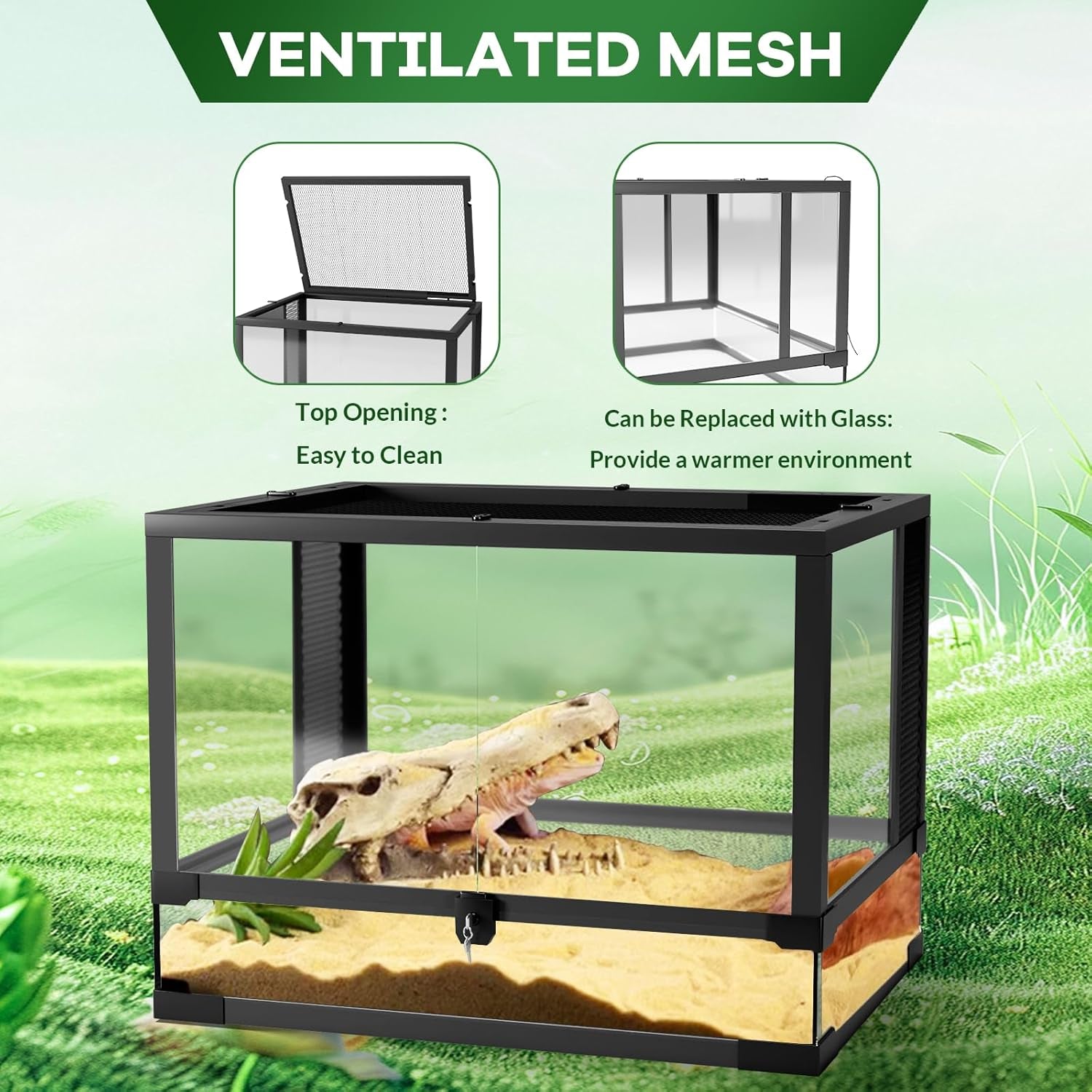 34 Gal Reptile Glass Terrarium, 24 in X 18 in X 18 in with Top & Side Screen Ventilation Reptile Terrarium, Double Hinge Door & anti Escape Reptile Tank for Lizard Tortoise Snake