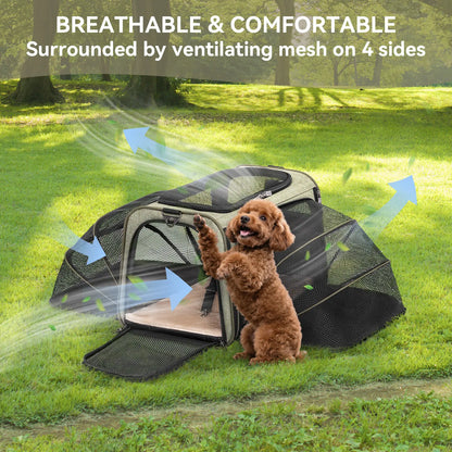 [5-Year Warranty] Petsfit Expandable Cat Dog Carrier Airline Approved, 17" L X 11" W X 11" H Soft-Sided Portable Pet Travel Carrier for Kitten, Puppy, Removable Soft Plush Mat and Pockets, Auto-Locking Zippers