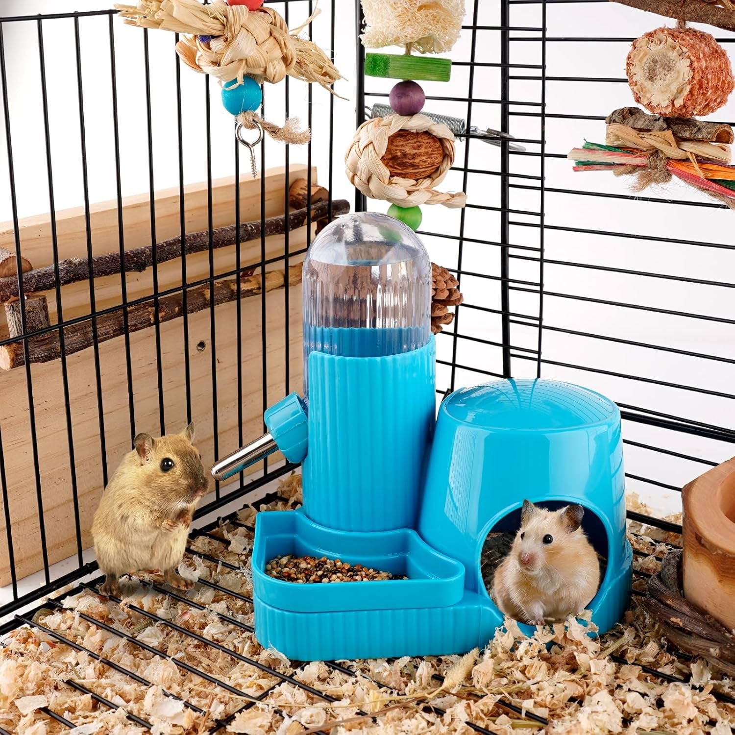 3 in 1 Multifunctional Hamster Water Bottle No Drip Gerbil 100ML Water Bottle Dispenser with Food Bowl Small Animal Auto Dispenser with Hideout Base Hamster Cage Accessories (Blue)