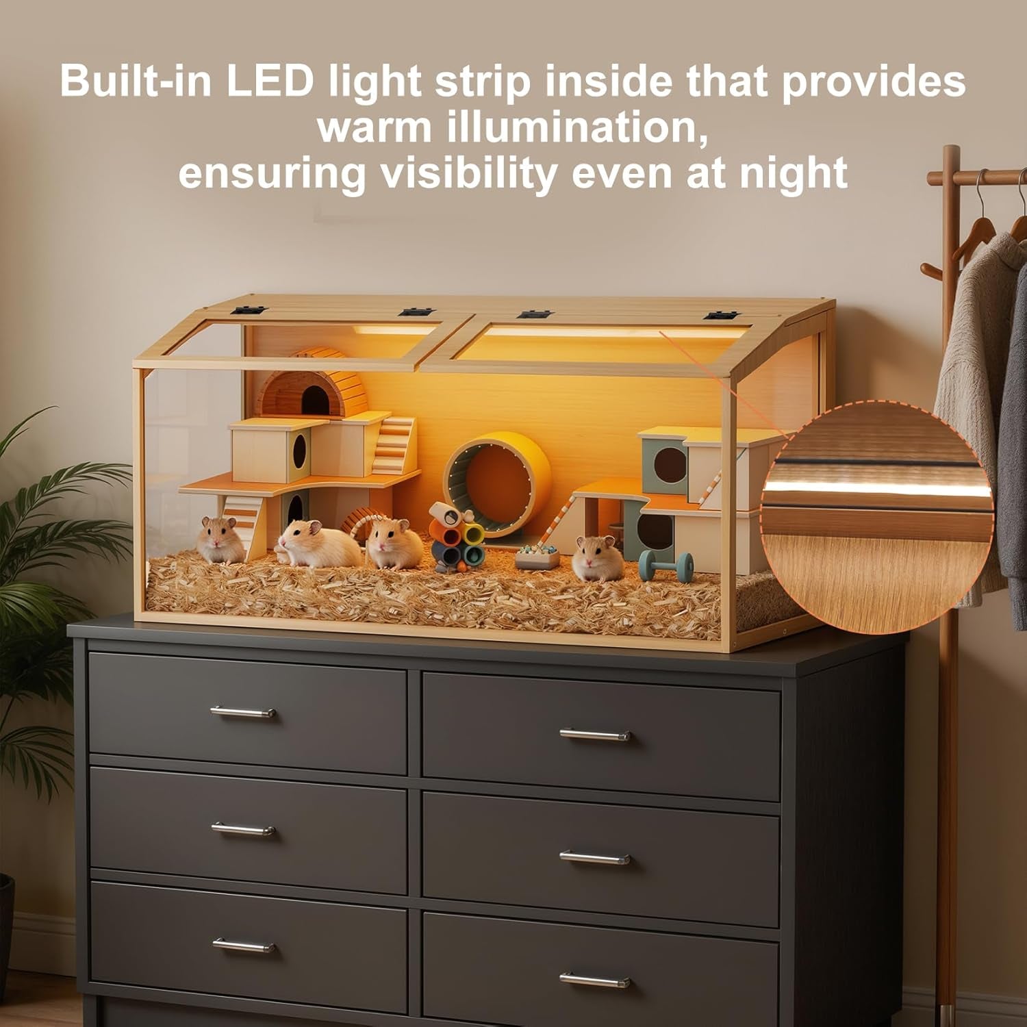Hamster Cage: Wooden Small Animal Cage with Warm Light - 40Inch Extra Large Clear Hamster House Chewy Proof with Two Openable Breathable Top