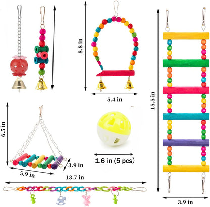 11PCS Bird Toys Parakeet Toys, Colorful Parrot Toy for Small Parakeets Cockatiels Conures Finches Swing Chewing Hanging Bell Cage Hammock Toy
