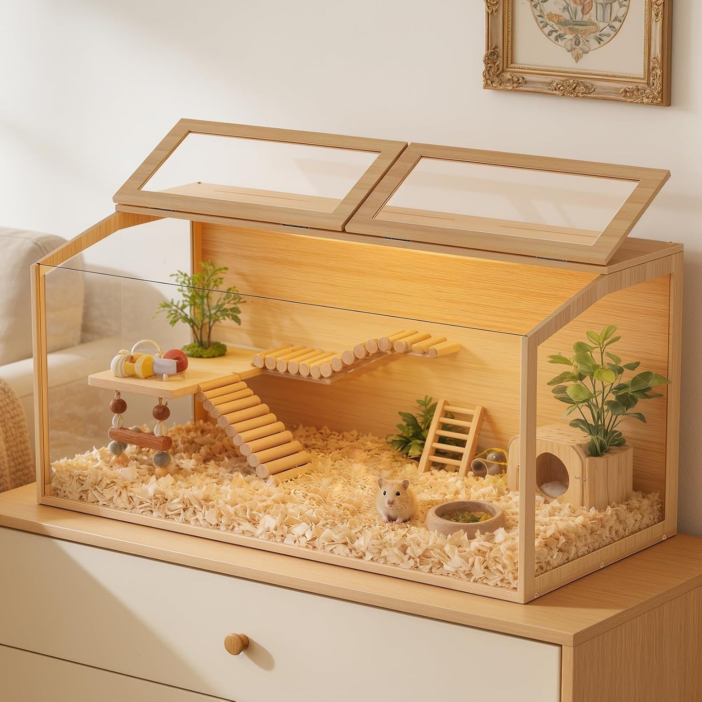 Hamster Cage: Wooden Small Animal Cage with Warm Light - 40Inch Extra Large Clear Hamster House Chewy Proof with Two Openable Breathable Top