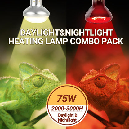 Reptile Heat Lamp Blub, 2Pack 75W Day & Night Reptile Heat Lamp,Uva Daylight Heat Basking Bulbs Infrared Heats Light Bulb for Reptiles Bearded Dragon Lizard Turtle