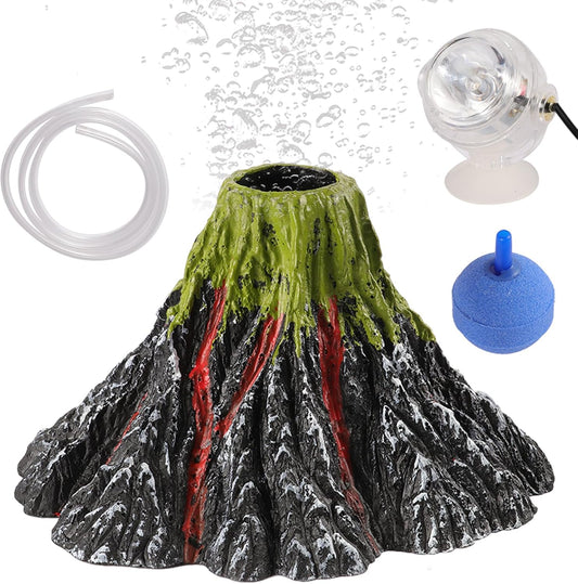 Aquarium Volcano Ornament Kit, Bubbler Decorations for Aquarium, Colorful LED Aquarium Light, Resin Volcano with Air Stone and Airline Tube for Fish Tank Decor and Oxygenation