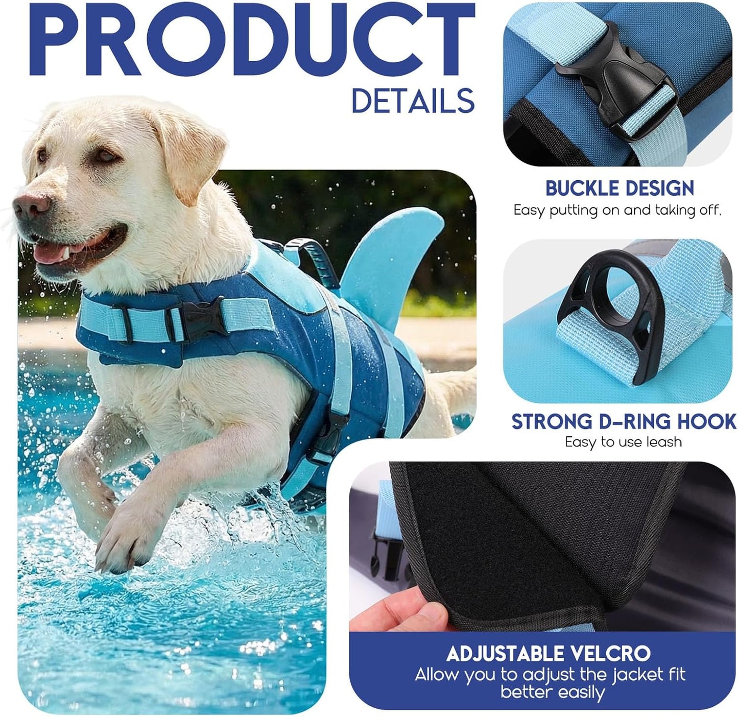 Dog Life Jacket - Pet Safety Vest for Swimming & Boating, Shark Life Jacket with Floatation, Dog Lifesavers Swimsuits for Small Medium Large Dogs (Deepblue, XL)