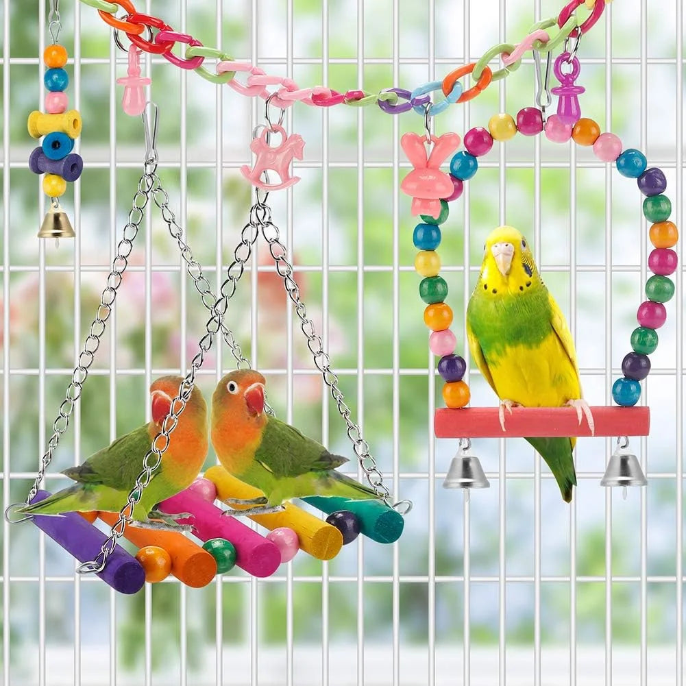 11PCS Bird Toys Parakeet Toys, Colorful Parrot Toy for Small Parakeets Cockatiels Conures Finches Swing Chewing Hanging Bell Cage Hammock Toy