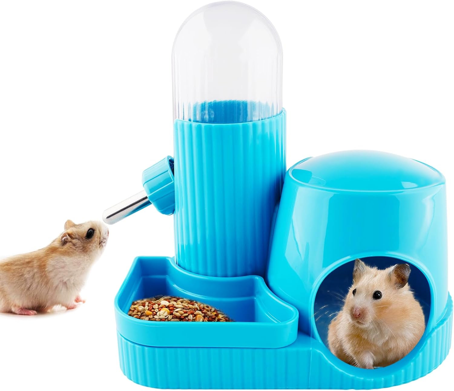 3 in 1 Multifunctional Hamster Water Bottle No Drip Gerbil 100ML Water Bottle Dispenser with Food Bowl Small Animal Auto Dispenser with Hideout Base Hamster Cage Accessories (Blue)