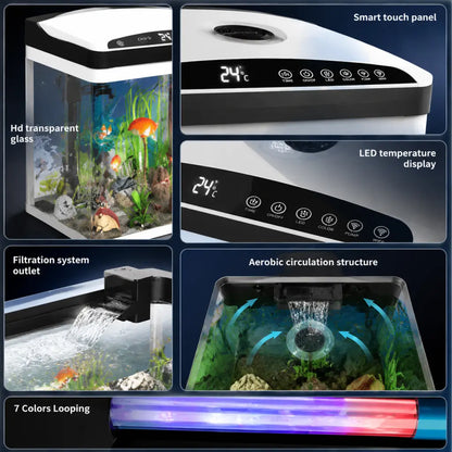 Smart Fish Tank, 3 Gallon, Purple Light Fish Tank with Temperature Time Display, Thermometer, 7 Colorful LED Small Fish Tank with Triple-Filtration, Water Cycle, Feeder Bin, Aquarium for Betta Goldfish