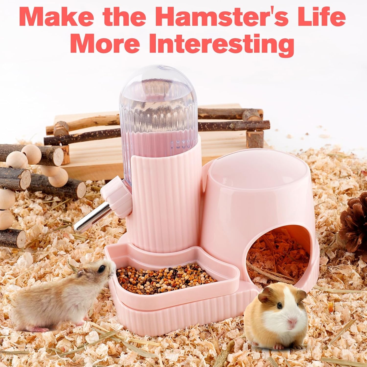 3 in 1 Multifunctional Hamster Water Bottle No Drip Gerbil 100ML Water Bottle Dispenser with Food Bowl Small Animal Auto Dispenser with Hideout Base Hamster Cage Accessories (Pink)