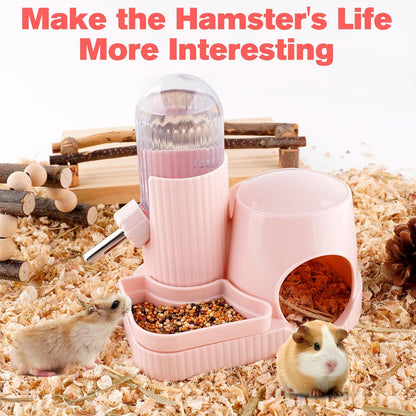 3 in 1 Multifunctional Hamster Water Bottle No Drip Gerbil 100ML Water Bottle Dispenser with Food Bowl Small Animal Auto Dispenser with Hideout Base Hamster Cage Accessories (Pink)