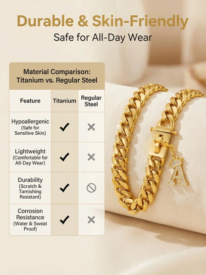 POPILY "Golden Crown" Pet Collar — Meticulously Crafted from 18K Gold-Plated Titanium Steel, Featuring a Clasp Exquisitely Set with Dazzling Cubic Zirconia. This Luxurious Collar Is Custom-Tailored for Large Dogs and Showcases a Stylish Cuban Link Design.