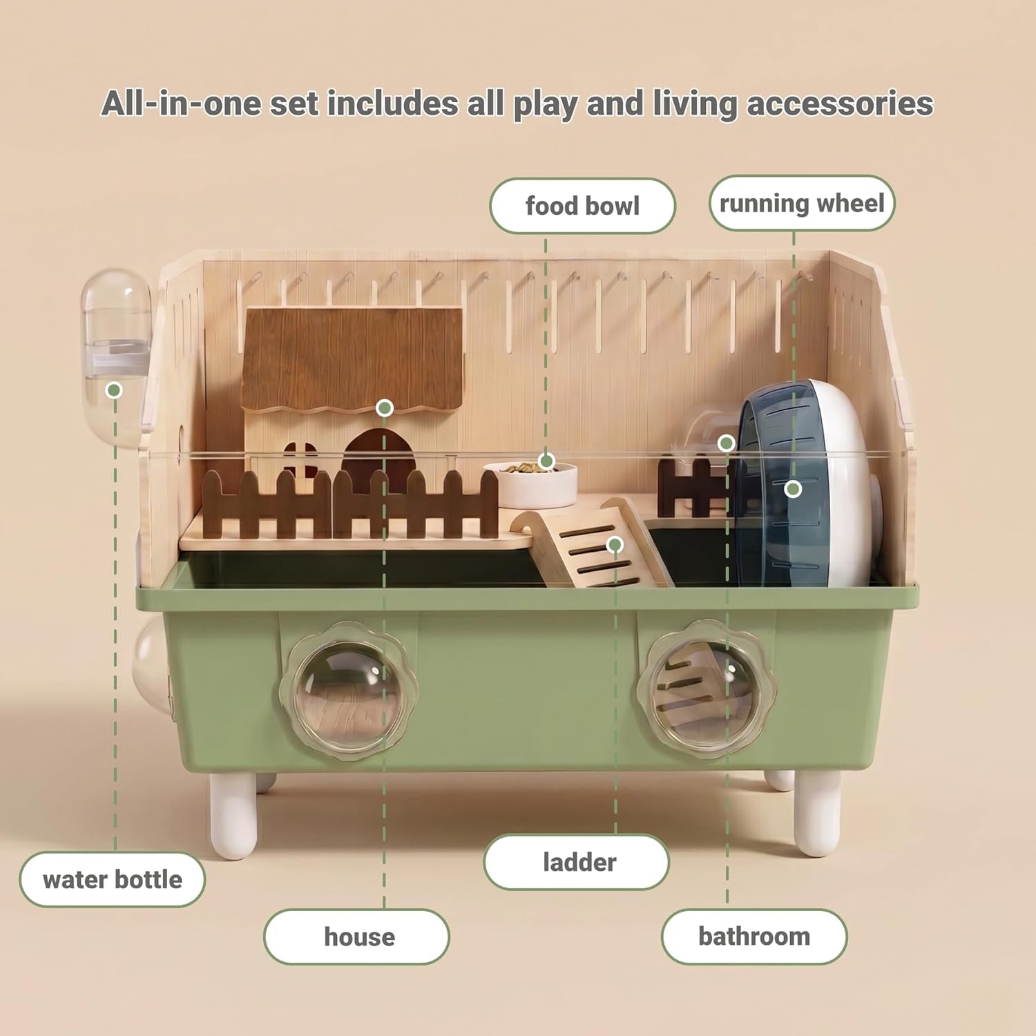 Acrylic Small Animal Cage & Habitat Starter Kit with Accessories | Hamster Cage for Dwarf Hamsters, Easy-Clean Transparent Pet Cage, Suitable for Hamsters and Gerbils (Green)