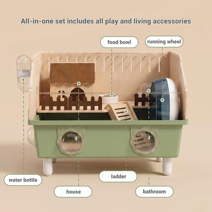 Acrylic Small Animal Cage & Habitat Starter Kit with Accessories | Hamster Cage for Dwarf Hamsters, Easy-Clean Transparent Pet Cage, Suitable for Hamsters and Gerbils (Green)