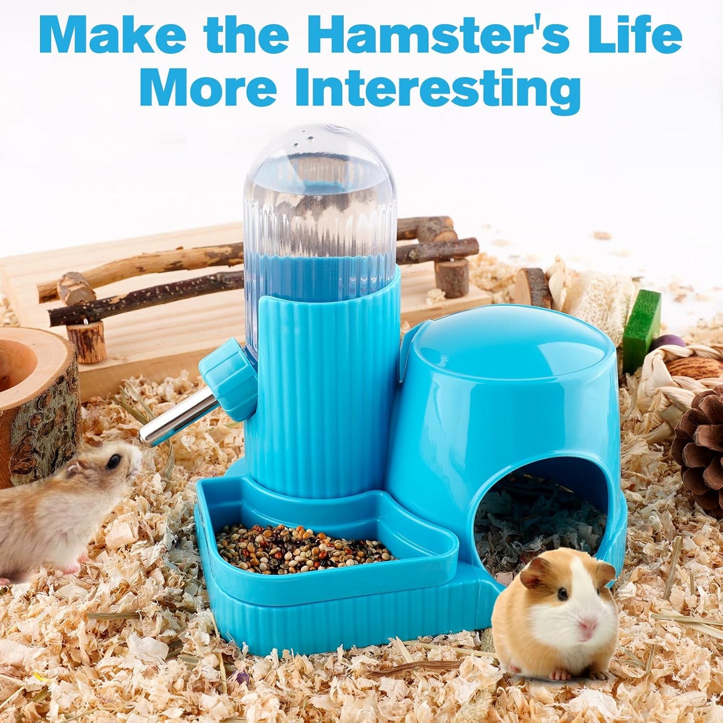 3 in 1 Multifunctional Hamster Water Bottle No Drip Gerbil 100ML Water Bottle Dispenser with Food Bowl Small Animal Auto Dispenser with Hideout Base Hamster Cage Accessories (Blue)