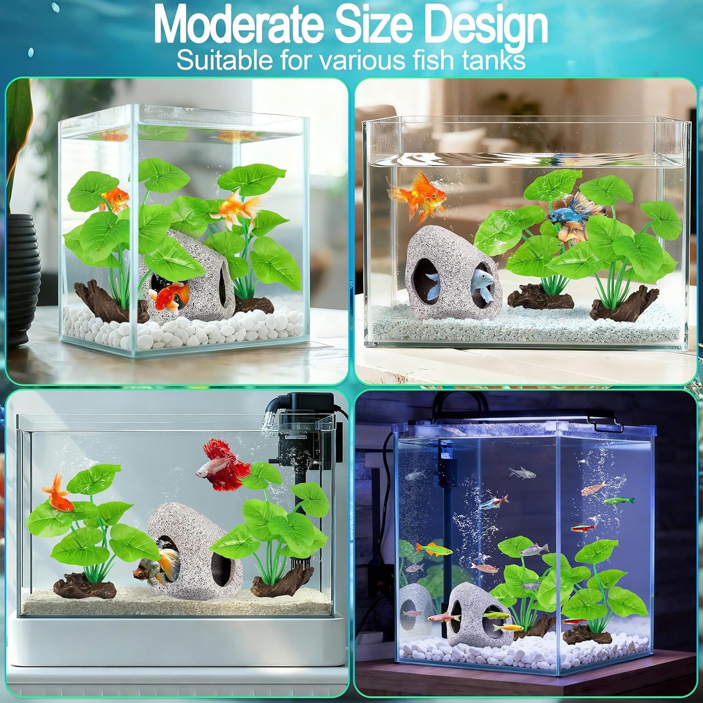 Fish Tank Decor, Silk Aquarium Plants and Hideaway Rock Cave Decor for Betta Fish Tank Accessories, Goldfish, Turtle Tank Decorations