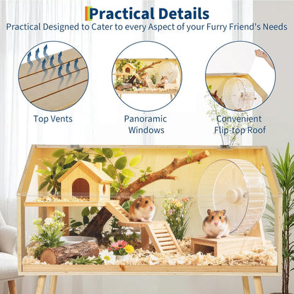 Hamster Cage with Legs, Large Syrian Hamster Habitats Enclosure with Chew Proof,Acrylic Window & Openable Top,Small Animal Cage for Guinea Pig, Chinchilla, Gerbil -32 in L X 16 in W X 40 in H