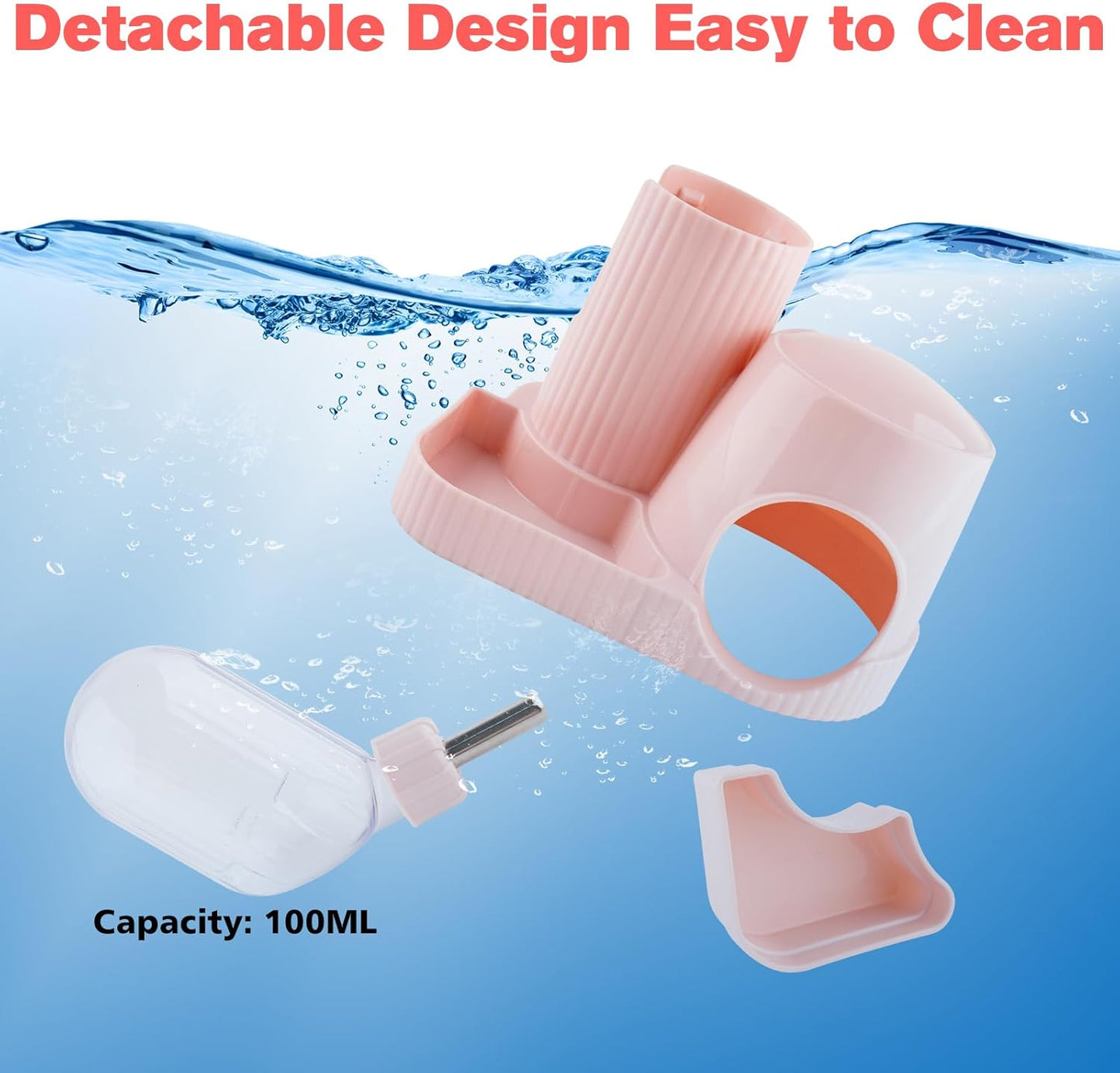 3 in 1 Multifunctional Hamster Water Bottle No Drip Gerbil 100ML Water Bottle Dispenser with Food Bowl Small Animal Auto Dispenser with Hideout Base Hamster Cage Accessories (Pink)