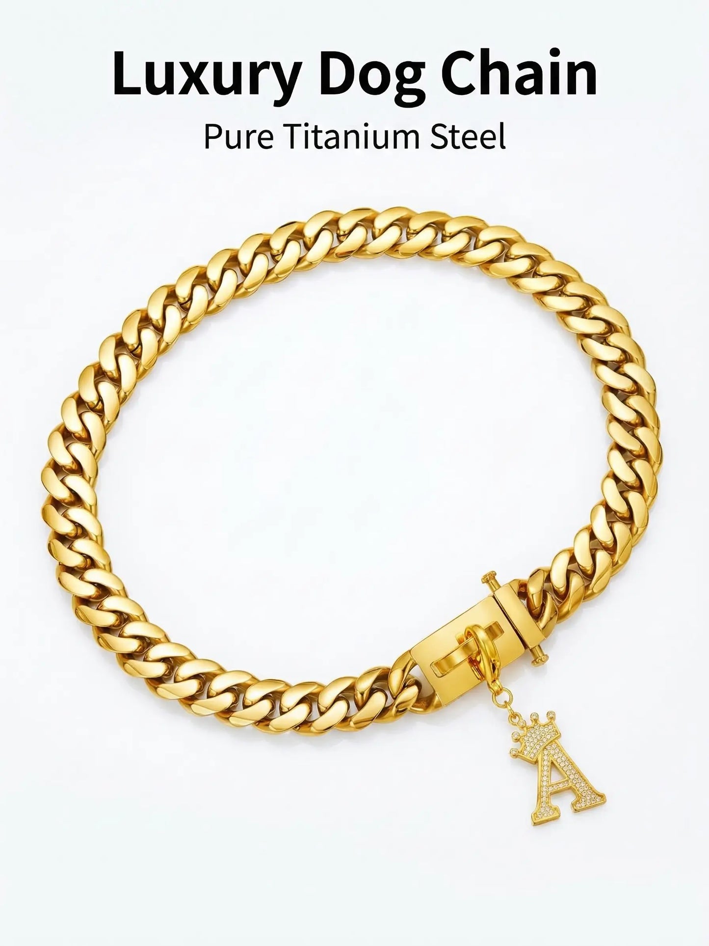 POPILY "Golden Crown" Pet Collar — Meticulously Crafted from 18K Gold-Plated Titanium Steel, Featuring a Clasp Exquisitely Set with Dazzling Cubic Zirconia. This Luxurious Collar Is Custom-Tailored for Large Dogs and Showcases a Stylish Cuban Link Design.