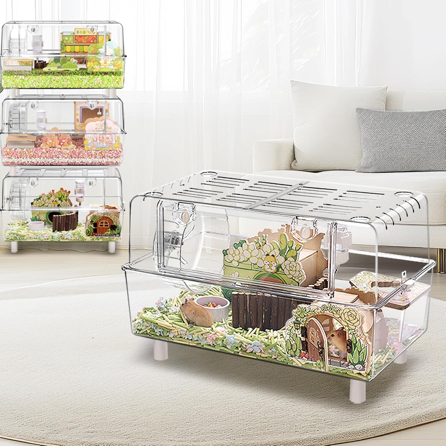 Acrylic Hamster Cage with All Accessories,Dwarf Hamster Cage with Stand,Syrian Mouse Cage for Pet Mice,Rat Cage for Hamster,Succulent Style Hamster House（20''L*11.5''W*10.5''H）