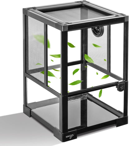Vertical Habitat Tank 10 Gallon for Tree Dwelling Reptiles and Amphibians, 360°Full Vision Glass Reptile Terrarium 12" X 12" X 18" with Double Side Mesh Panels