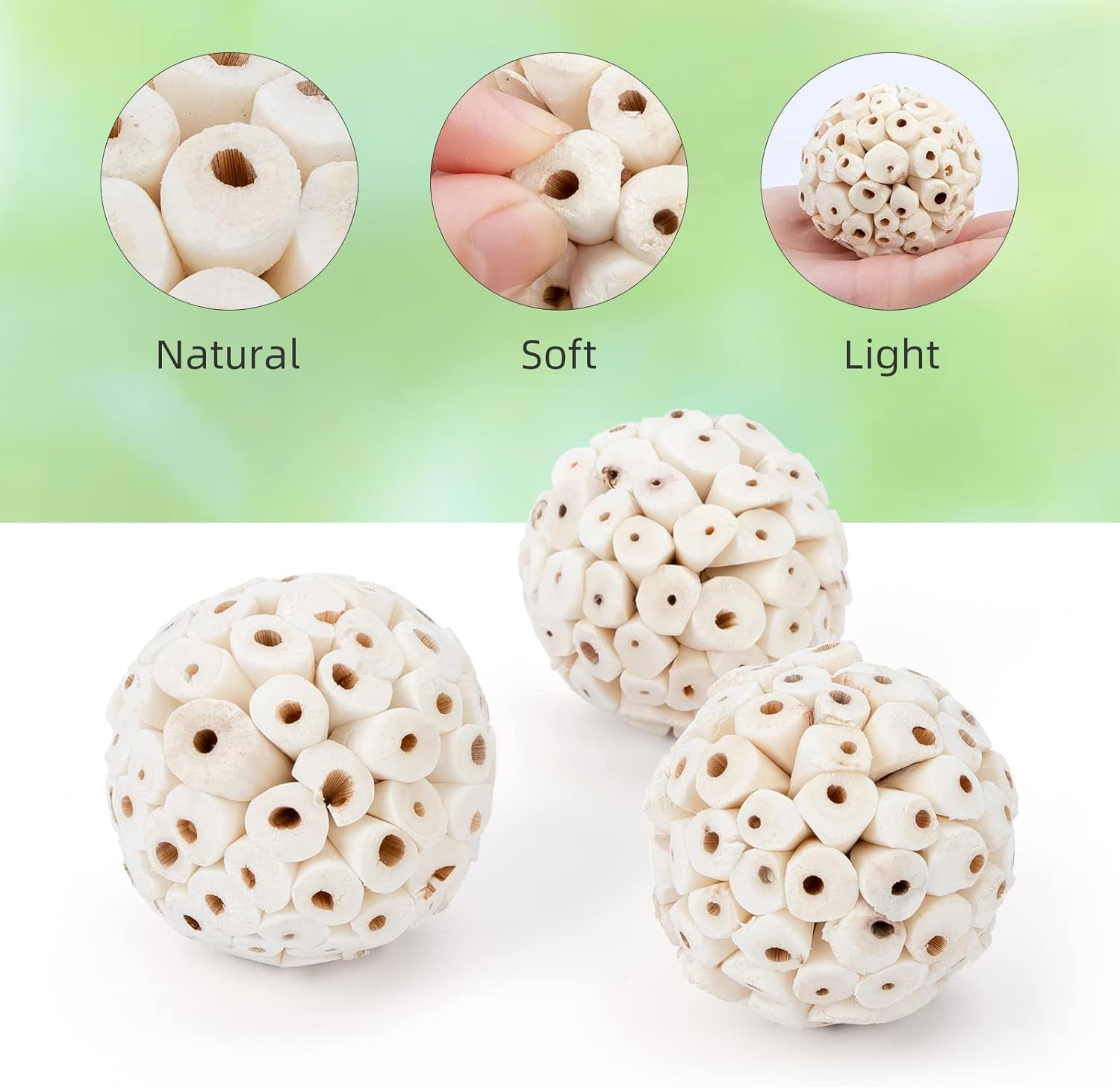 Bird Toy Sola Ball - Natural Soft Chew Shredding & Foraging Toy for Cockatiel Conure Quaker Parrot Budgie Parakeet Rabbit Bunny Guinea Pig Chinchilla (Style 1 (Pack of 6))