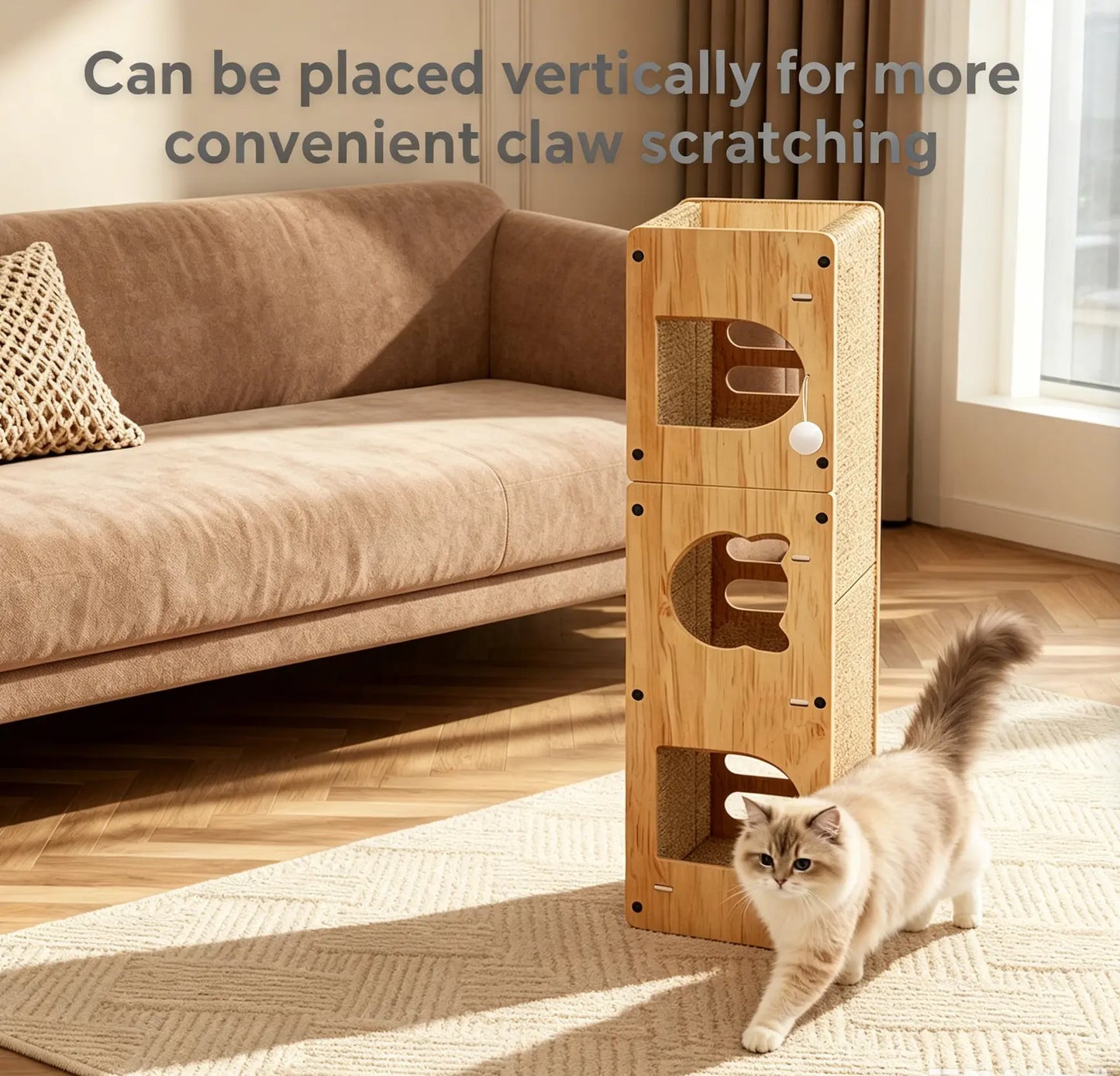 Multi-Level Cat Tunnel and Scratcher - Durable Cardboard Cat Cave with Hanging Ball Toy for Small and Medium Cats