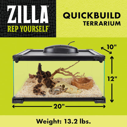 Quickbuild Reptile 10 Gallon Glass Terrarium Habitat with Bedding Tray for Geckos, Snakes, Lizards, Frogs, Turtles, and Tortoises, 20" X 12" X 10"