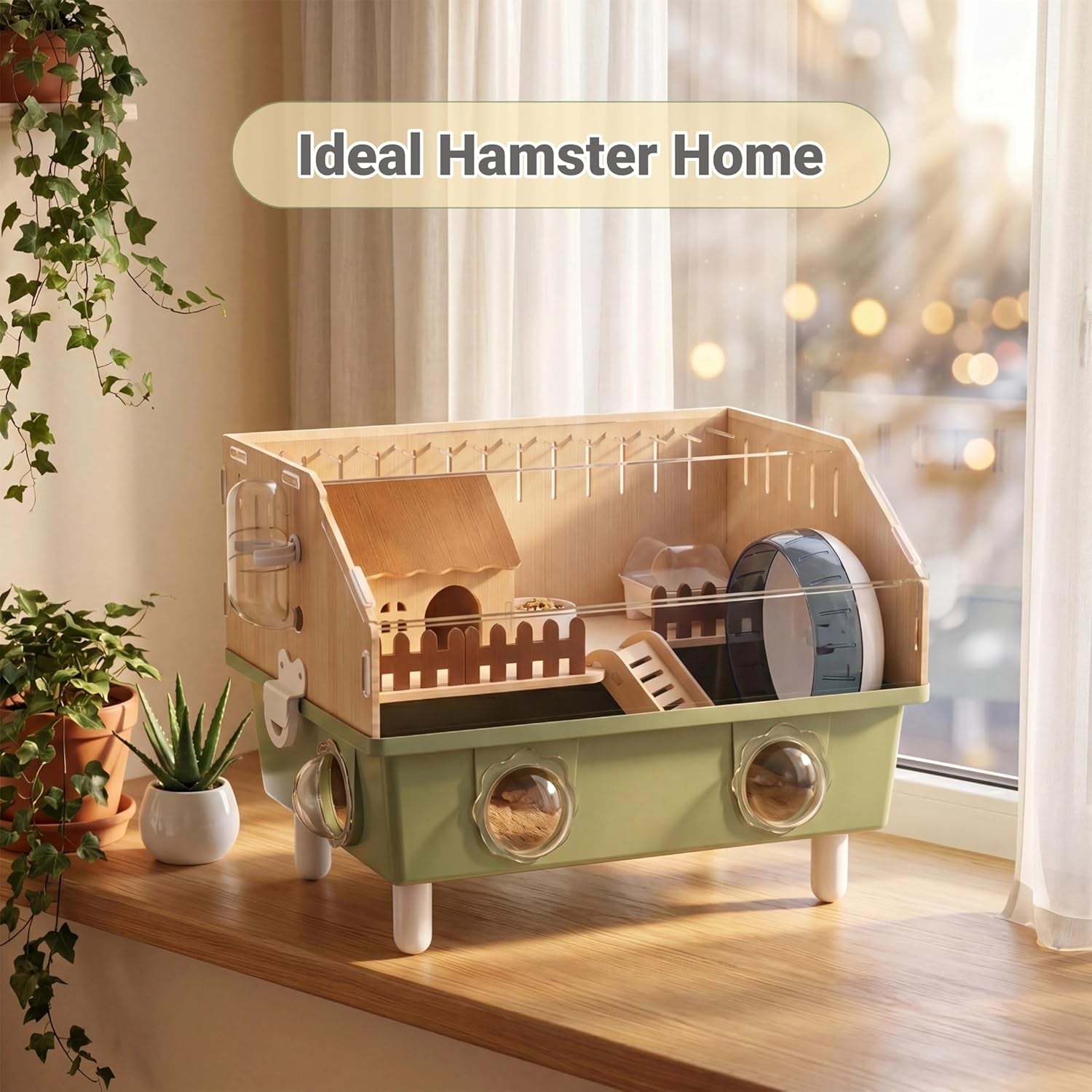 Acrylic Small Animal Cage & Habitat Starter Kit with Accessories | Hamster Cage for Dwarf Hamsters, Easy-Clean Transparent Pet Cage, Suitable for Hamsters and Gerbils (Green)