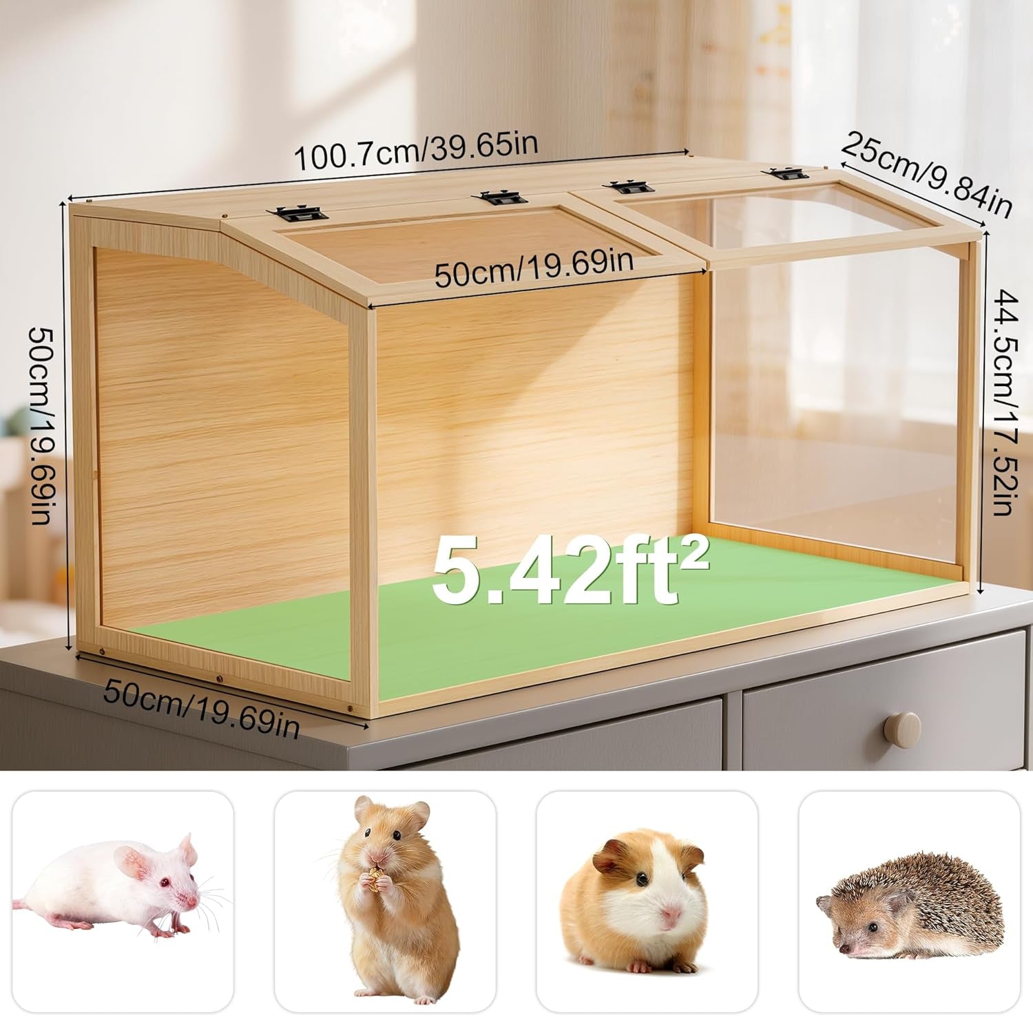 Hamster Cage: Wooden Small Animal Cage with Warm Light - 40Inch Extra Large Clear Hamster House Chewy Proof with Two Openable Breathable Top