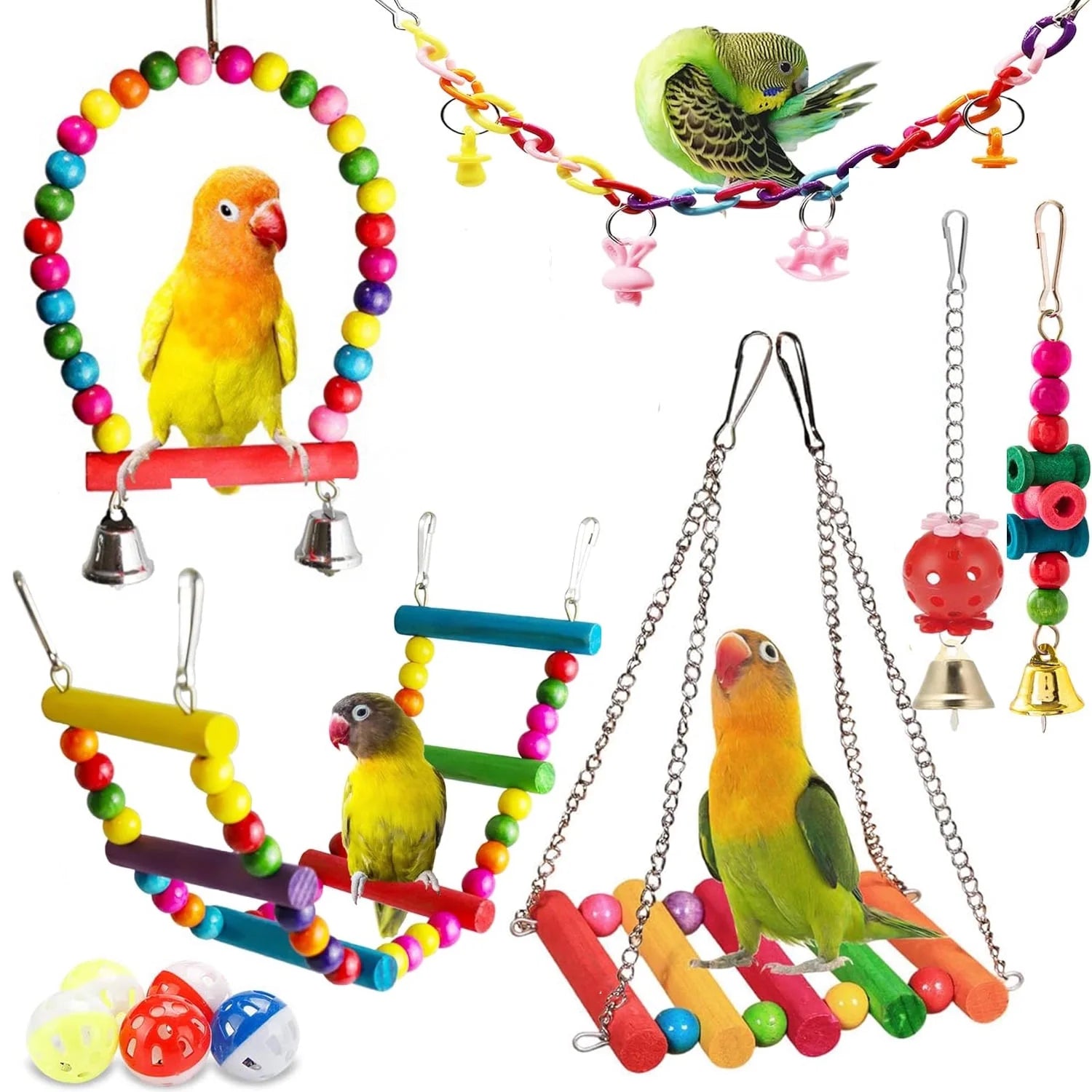11PCS Bird Toys Parakeet Toys, Colorful Parrot Toy for Small Parakeets Cockatiels Conures Finches Swing Chewing Hanging Bell Cage Hammock Toy