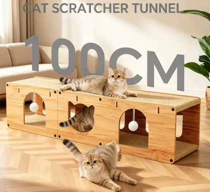 Multi-Level Cat Tunnel and Scratcher - Durable Cardboard Cat Cave with Hanging Ball Toy for Small and Medium Cats