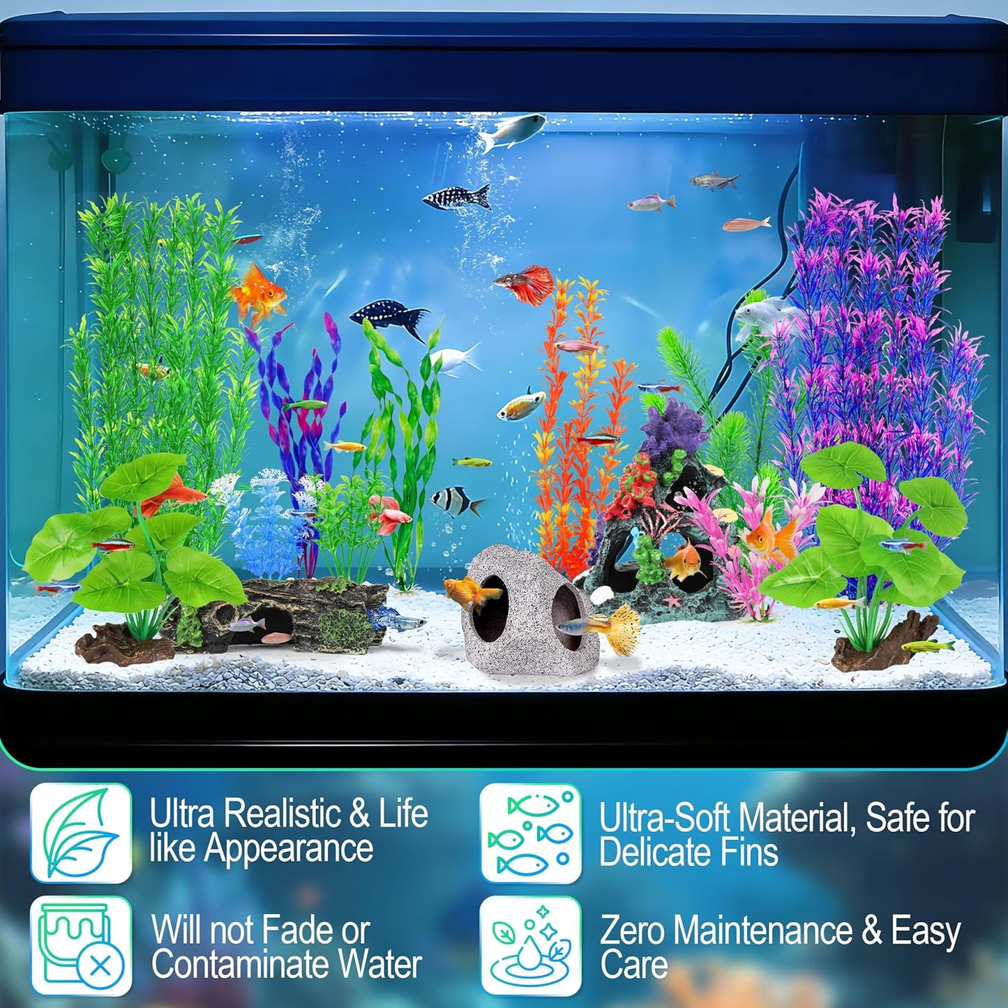 Fish Tank Decor, Silk Aquarium Plants and Hideaway Rock Cave Decor for Betta Fish Tank Accessories, Goldfish, Turtle Tank Decorations