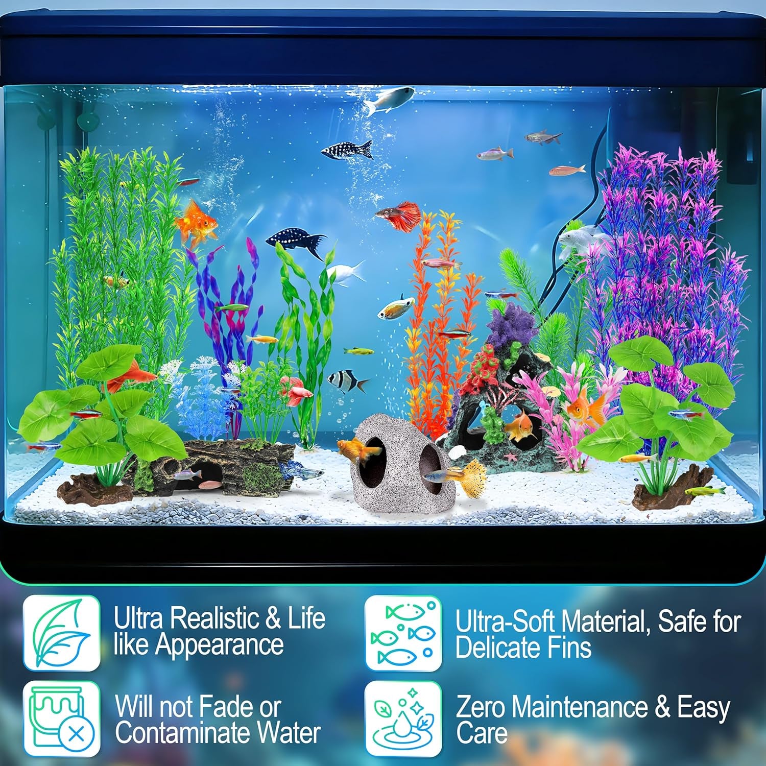 Fish Tank Decor, Silk Aquarium Plants and Hideaway Rock Cave Decor for Betta Fish Tank Accessories, Goldfish, Turtle Tank Decorations