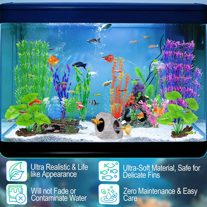 Fish Tank Decor, Silk Aquarium Plants and Hideaway Rock Cave Decor for Betta Fish Tank Accessories, Goldfish, Turtle Tank Decorations