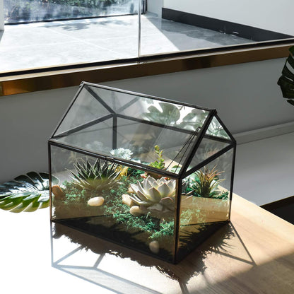 Large Glass Plant Terrarium – House Succulent Glass Terrarium Kit with Lip Glass Greenhouse Terrarium for Plant 12.26X9.15X10.9Inch (Black 2)