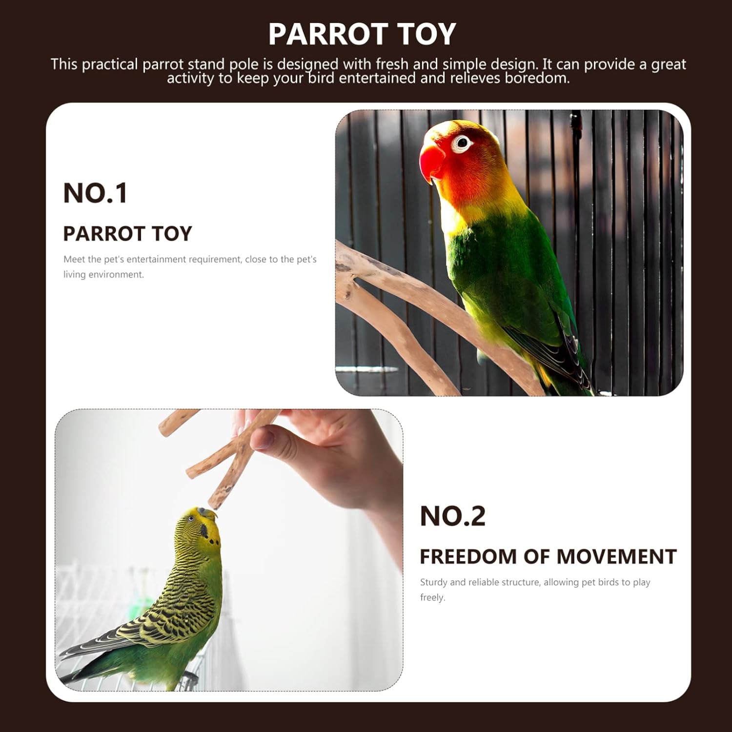 2Pcs Bird Parrot Perch Stand Poles, Natural Wooden Parrot Perch for Cage, Branches Fork Rod for Small Parakeets Cockatiels Conure Lovebirds Bird Cage Accessories