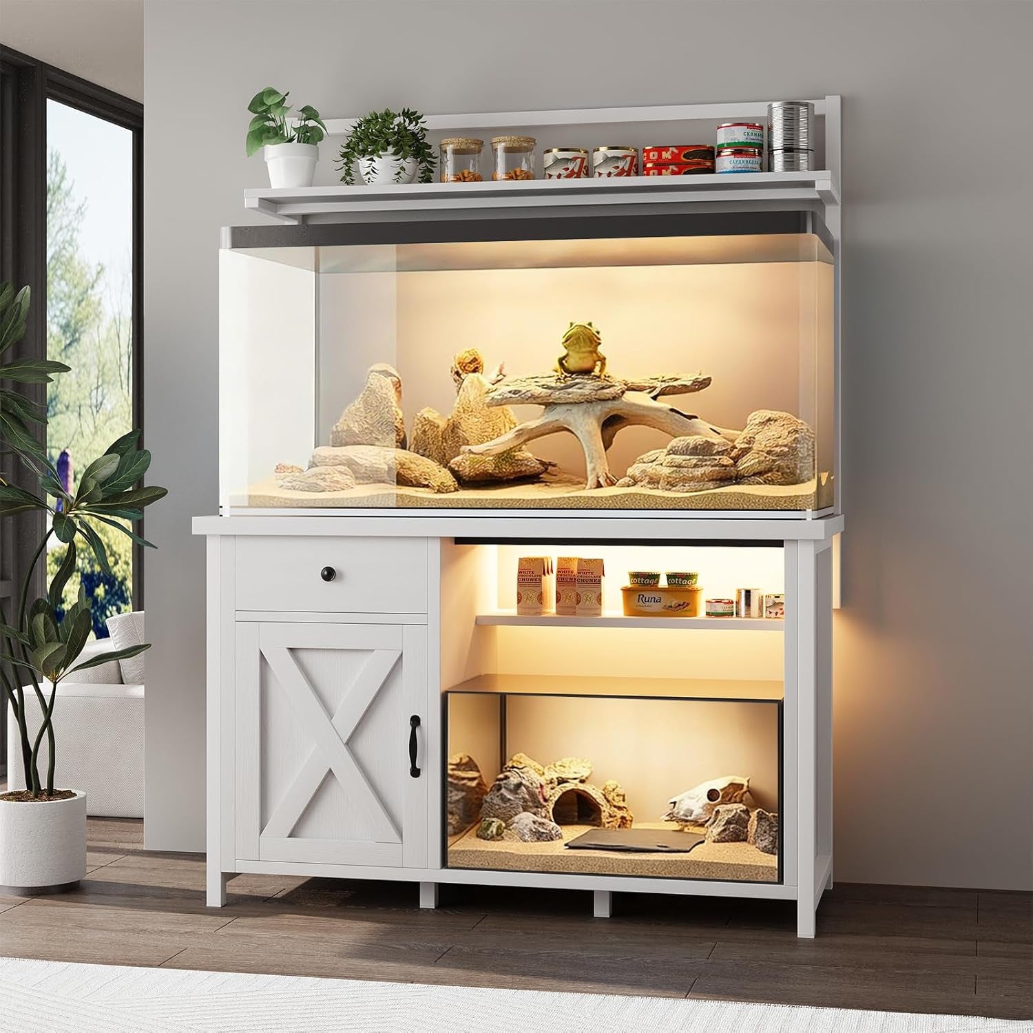 Reptile Tank Stand with Power Outlet, Terrarium Stand with Storage Cabinet, 49" X 20" Tabletop, Aquarium Stand with LED Lights, Reptile Terrarium,Turtle Tank, 1100LBS, White