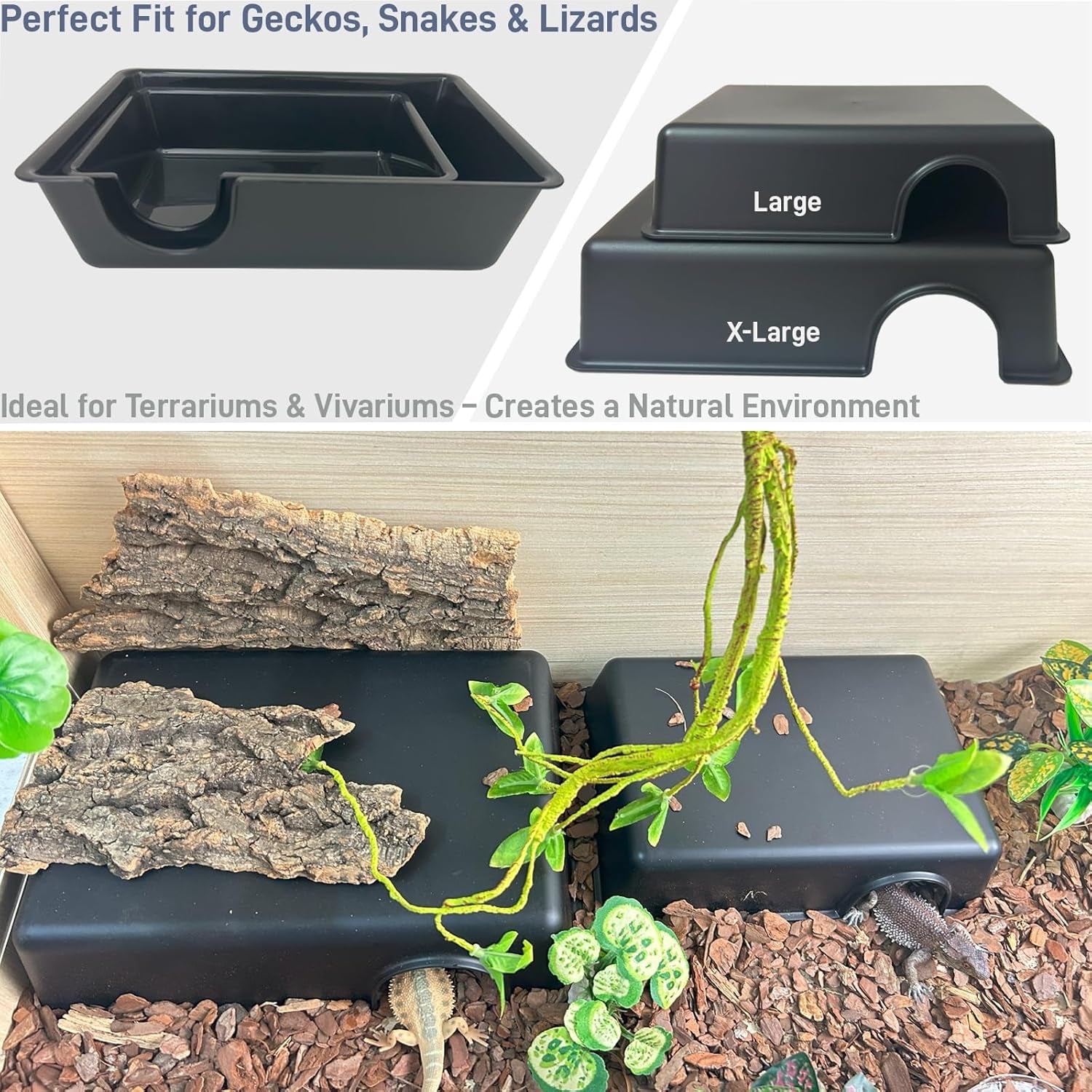 Durable Reptile Hide Box, Ball Python Hide, Leopard Gecko Hide, Bearded Dragon Hide, Easy to Clean Reptile Hides Cave for Tank, Snake Hide Enclosure (9.45" X 6.89" X 2.17" Large)