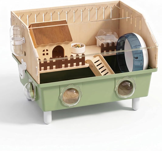Acrylic Small Animal Cage & Habitat Starter Kit with Accessories | Hamster Cage for Dwarf Hamsters, Easy-Clean Transparent Pet Cage, Suitable for Hamsters and Gerbils (Green)