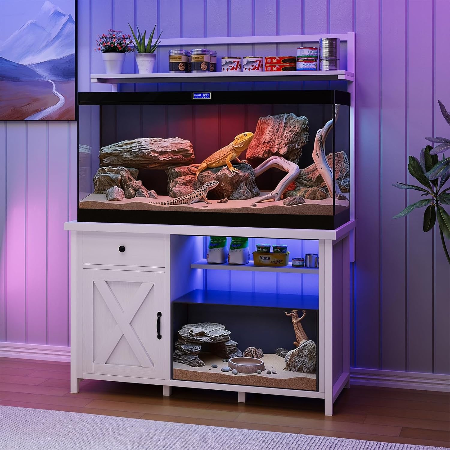 Reptile Tank Stand with Power Outlet, Terrarium Stand with Storage Cabinet, 49" X 20" Tabletop, Aquarium Stand with LED Lights, Reptile Terrarium,Turtle Tank, 1100LBS, White
