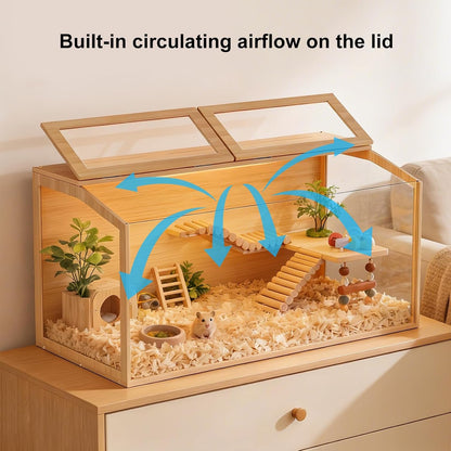 Hamster Cage: Wooden Small Animal Cage with Warm Light - 40Inch Extra Large Clear Hamster House Chewy Proof with Two Openable Breathable Top
