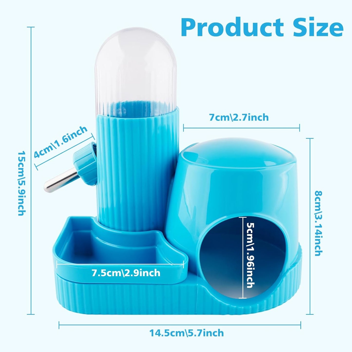 3 in 1 Multifunctional Hamster Water Bottle No Drip Gerbil 100ML Water Bottle Dispenser with Food Bowl Small Animal Auto Dispenser with Hideout Base Hamster Cage Accessories (Blue)