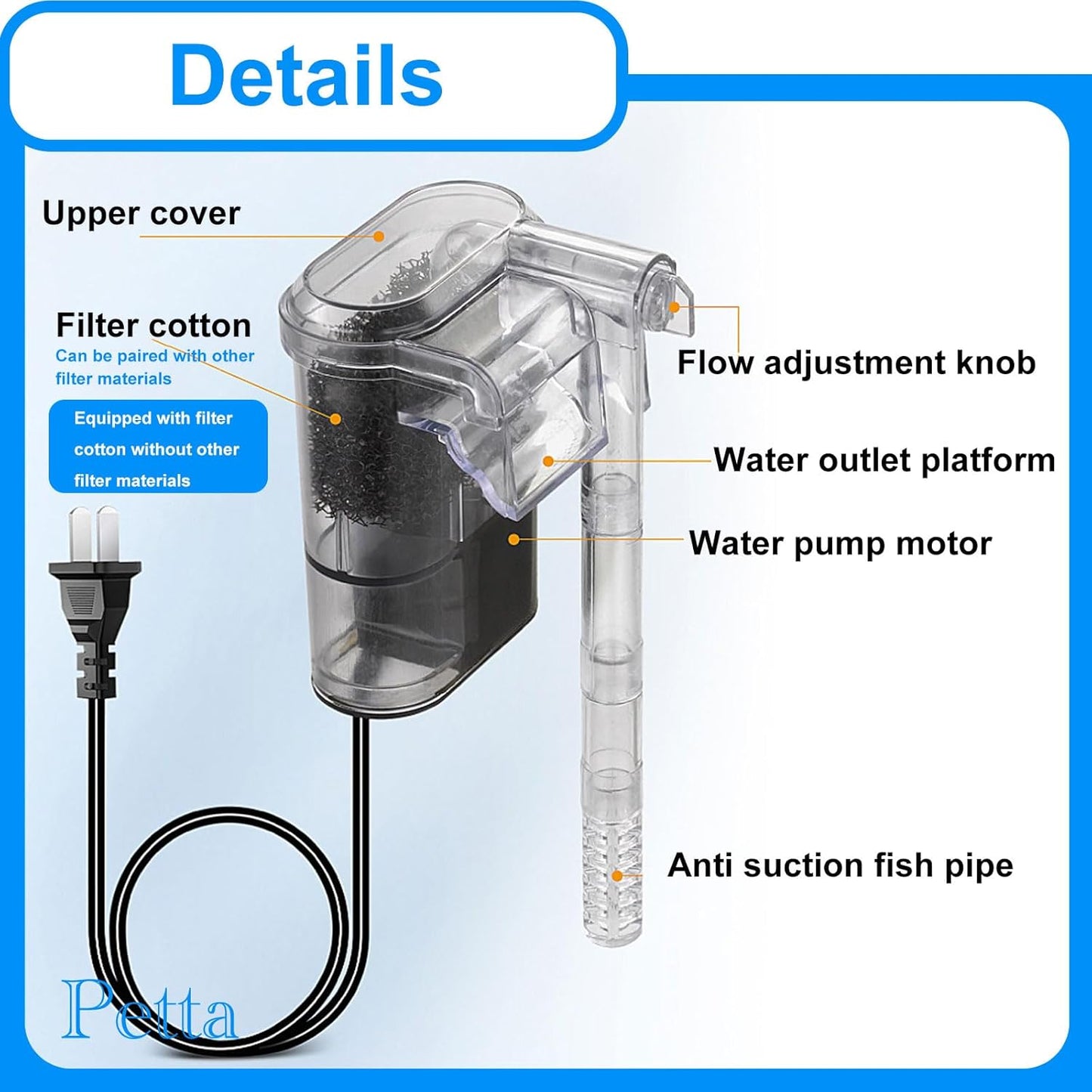 Quiet Aquarium Filter for Betta, Slim HOB Fish Tank Filter for 3-10 Gal Planted Aquariums & Aquascaping with 1 Pre-Filter Sponge ，Adjustable Flow，250L/H