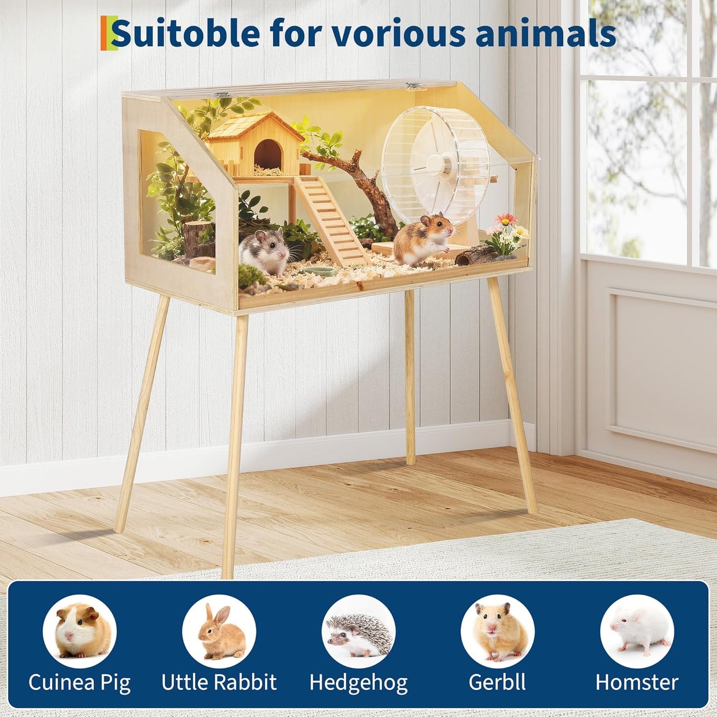 Hamster Cage with Legs, Large Syrian Hamster Habitats Enclosure with Chew Proof,Acrylic Window & Openable Top,Small Animal Cage for Guinea Pig, Chinchilla, Gerbil -32 in L X 16 in W X 40 in H