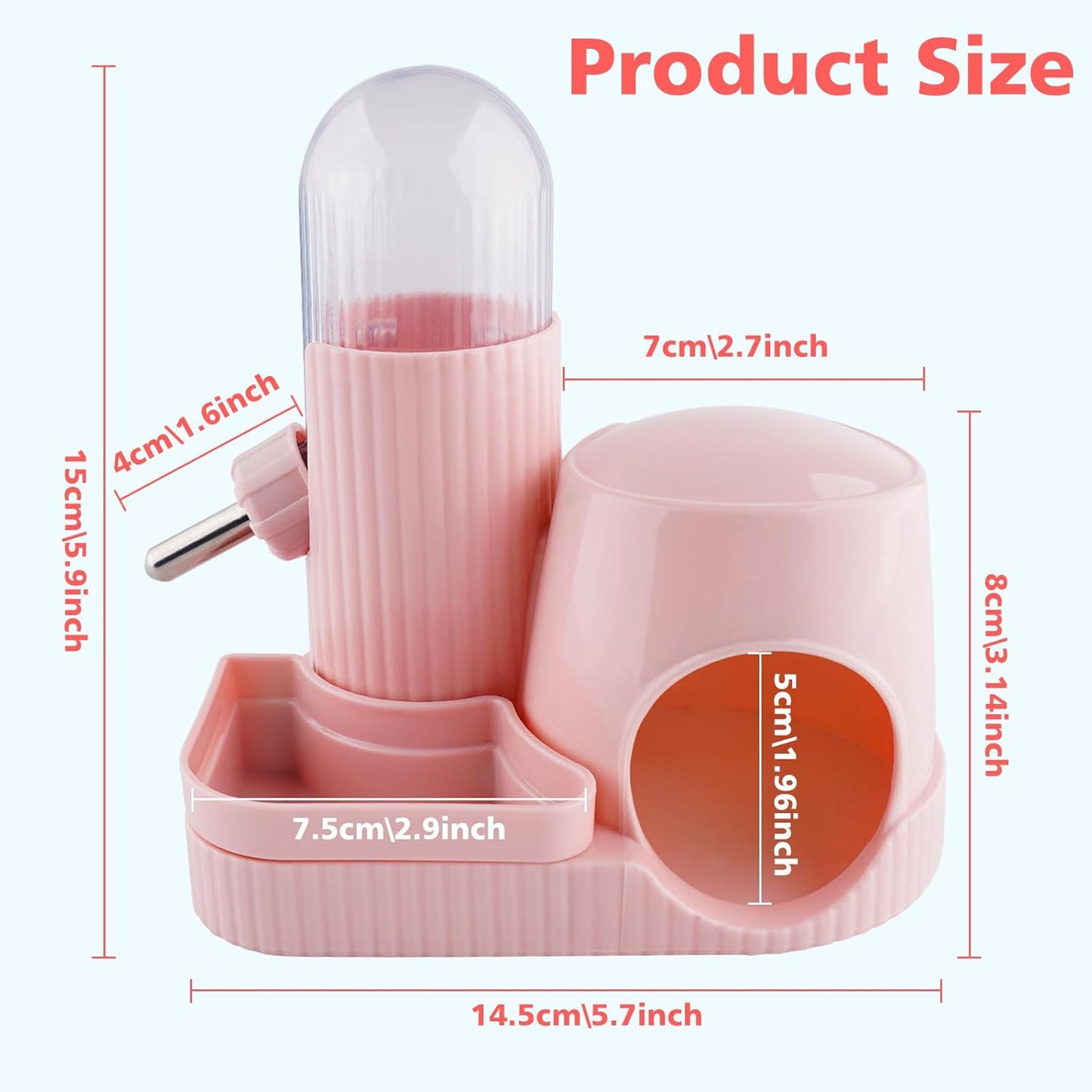 3 in 1 Multifunctional Hamster Water Bottle No Drip Gerbil 100ML Water Bottle Dispenser with Food Bowl Small Animal Auto Dispenser with Hideout Base Hamster Cage Accessories (Pink)